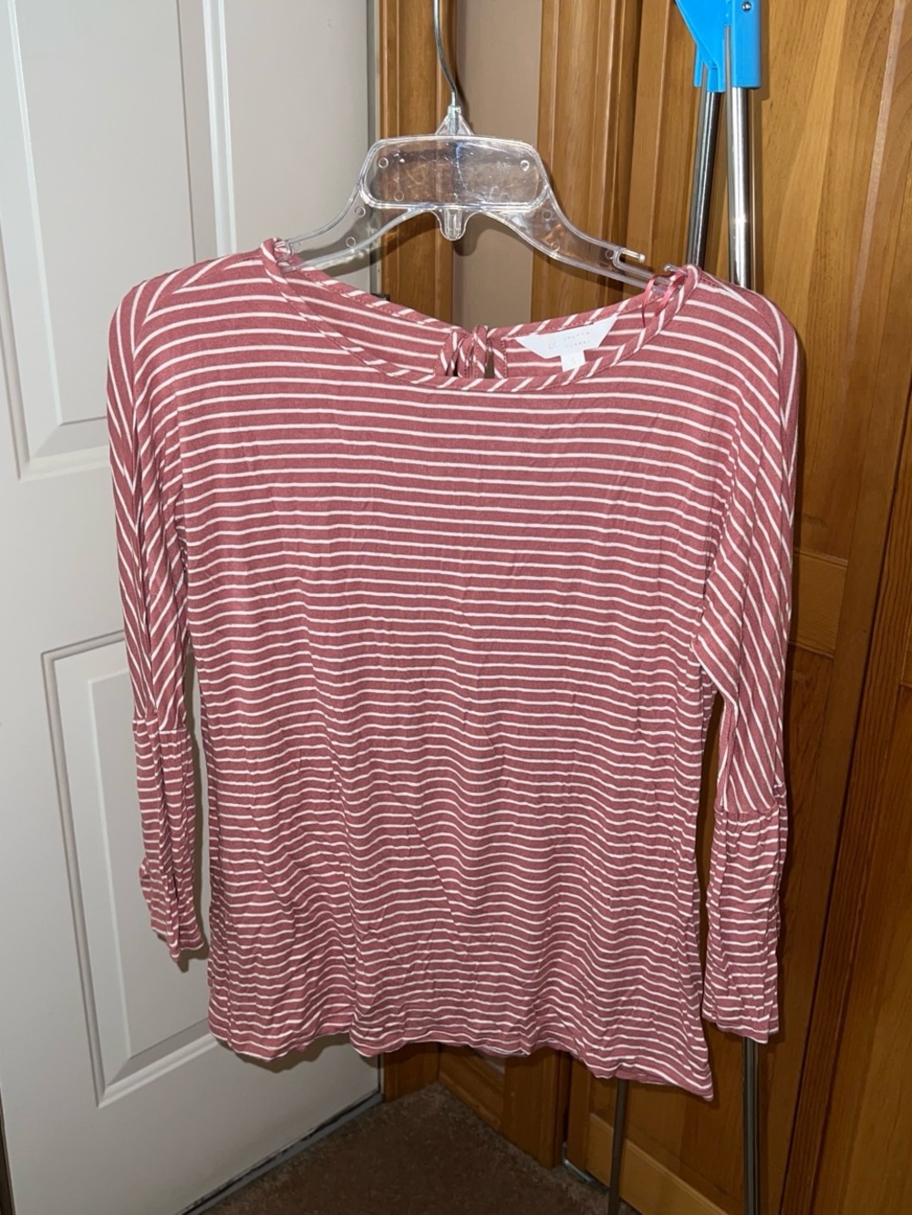 Striped Long-Sleeve Twist Neck Top - Dusty Rose